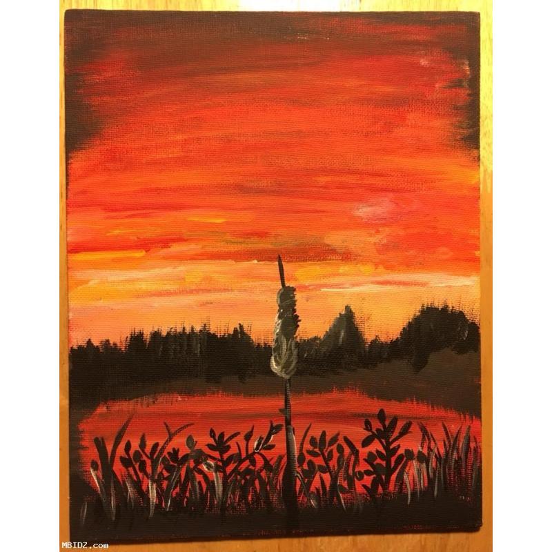 8x10 Flat Canvas Sunset with Cattail Painting