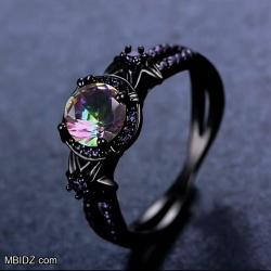 Gothic Punk Black Ring with Colorful Zircon Inlay