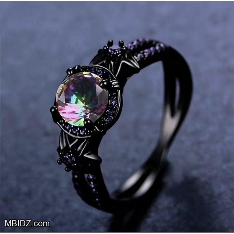 Gothic Punk Black Ring with Colorful Zircon Inlay