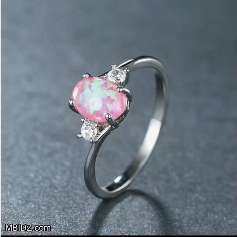 Silver Geometric and Pink Oval Ornament Ring