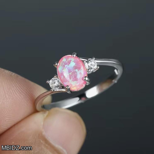 Silver Geometric and Pink Oval Ornament Ring