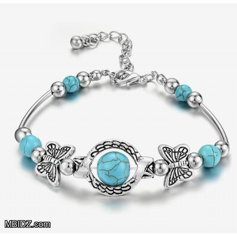 Gorgeous VintageSilver Butterfly Bracelet with Natural Turquoise